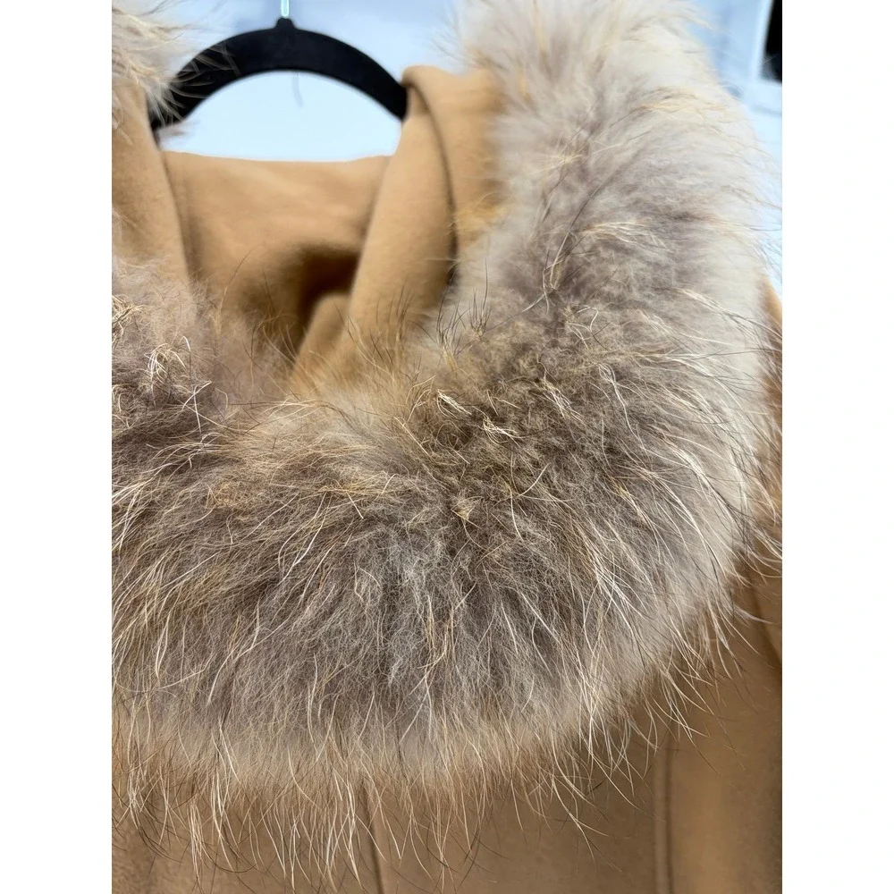 VTG Mackintosh Camel Wool Coat Hooded 100% Raccoon‎ Fur Full Zip Warm Coat 16